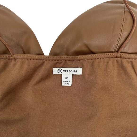Brown Faux Leather Crop Top With Spaghetti Straps - Size M By Versona - Picture 3 of 11